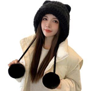 Women Black 2 Winter Sherpa Beanie Hats Knit Ear Flaps Peruvian Cover Ears